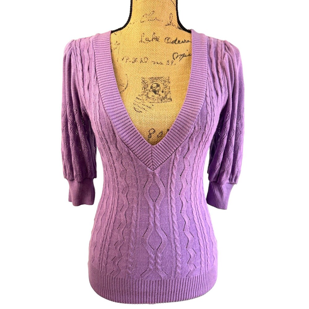 Vintage Y2K Bebe Purple Cable Knit V Neck Puff Sleeve Sweater M Made USA